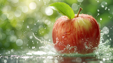 Fresh red apple with leaf splashing in water, juicy fruit and droplets with green bokeh background.