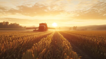 Fototapeta premium Golden wheat field harvest at sunrise with tractor farming agriculture landscape photography at dawn