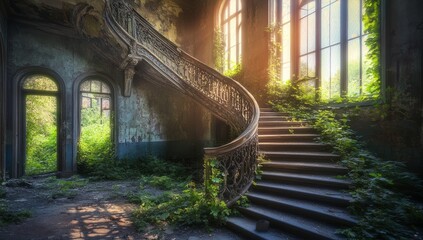 Obraz premium Overgrown Abandoned Building Interior with Sunlit Window