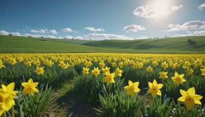 Fototapeta premium Lush green field explodes with vibrant yellow daffodils, clear blue sky above , blue, nature