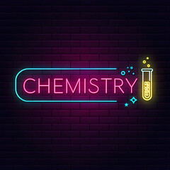 Obraz premium Vibrant Neon Chemistry Sign: Perfect for Science Education and Lab Backgrounds