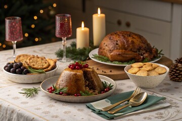 A British festive Christmas dinner with Christmas pudding, turkey and Christmas crackers. High quality photo