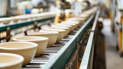 Obraz premium Cream Colored Ceramic Bowls Production Line Modern Factory Industrial Manufacturing Process White Bowls Mass Belt Ware Home Goods 
