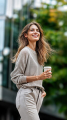 A person in a light sweater and beige pants walks through an urban setting, holding a coffee cup. The modern glass building and surrounding greenery create a fresh, stylish contrast.