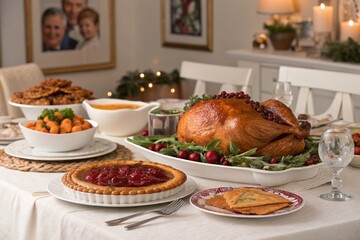 Traditional Thanksgiving table with baked turkey, pumpkin pie, cranberry sauce and other festive dishes. High quality photo