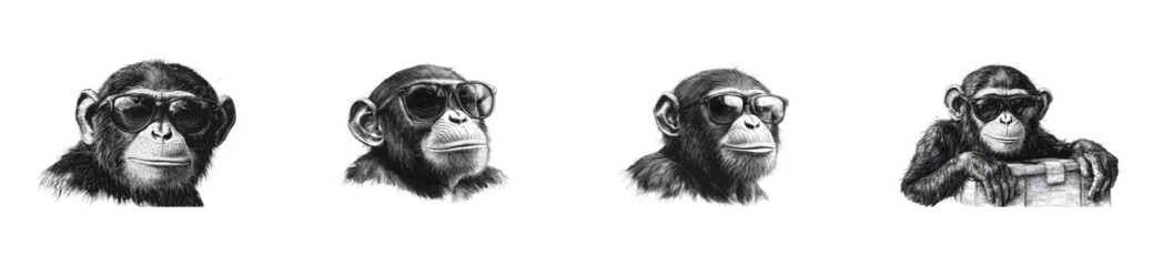 Fototapeta premium Chimpanzees Wearing Sunglasses, Furry Mammals, Animal Portraits, cut out transparent