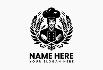 Cartoon chef character holding knife and fork inside circular wheat frame, playful black and white food logo symbolizing culinary creativity and warmth 