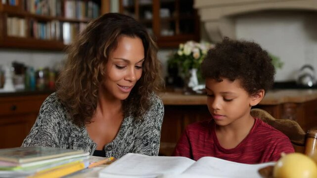 Mother and son share warm learning experience at home, engaging in study sessions surrounded by books and fostering family education.
