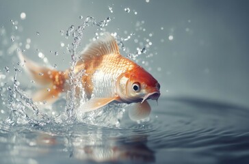High-definition macro shot of a koi carp bursting from calm water in slow motion