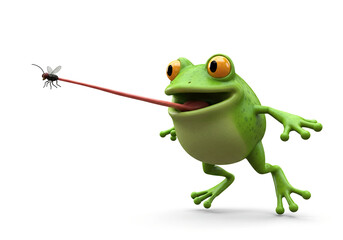 Naklejka premium Cute, funny, cartoon frog catching a fly with its isolated tongue on a white background, three-dimensional.
