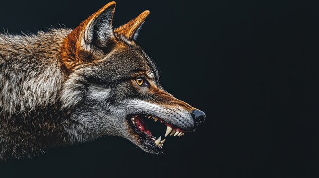 Close-up profile of a snarling wolf against a dark background, showing its teeth and fur detail.