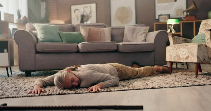 Home, senior woman and fainting on floor with walking stick, accident and death in living room. House, female person and pensioner with disability for falling, unconscious and heart attack by cane