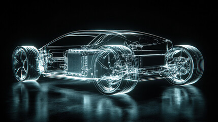 line art 3D illustration displays a modern electric car chassis x-ray, revealing the vehicle battery in a studio environment