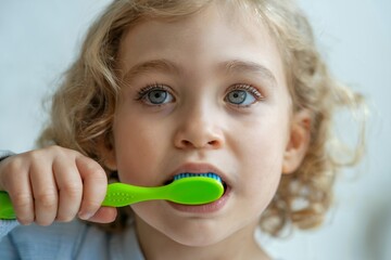 Close-up portrait of a toddler with blonde curly hair brushing their teeth with a bright green toothbrush, concept for children's oral hygiene, dental care, and healthy habits