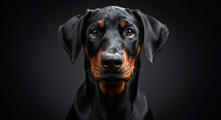 A Black Doberman puppy portrait captures its alert and intense gaze, the subtle play of shadow enhancing the sleek lines of its muscular build against a dark backdrop