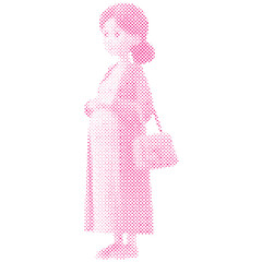 A pregnant woman with pregnancy belly cartoon in halftone style retro modern