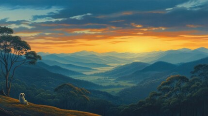 Animal watching sunrise over mountain valley