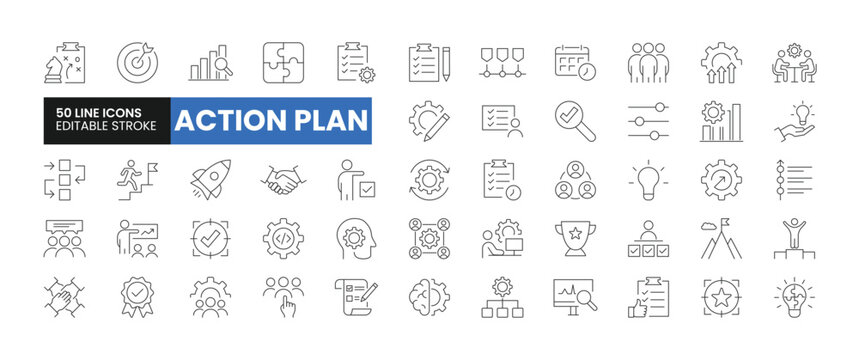 Set of 50 Action Plan line icons set. Action Plan outline icons with editable stroke collection. Includes Resources, Objectives, Strategy, Teamwork, Schedule, and More.