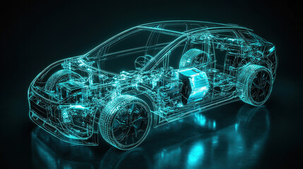 line art 3D illustration displays a modern electric car chassis x-ray, revealing the vehicle battery in a studio environment
