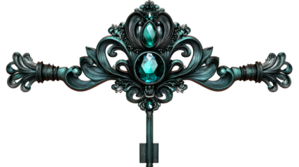 Ornate Key with Green Gems, Antiquated Jewel, cut out transparent