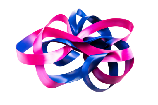 Ribbon tangle of pink and blue on black, cut out transparent
