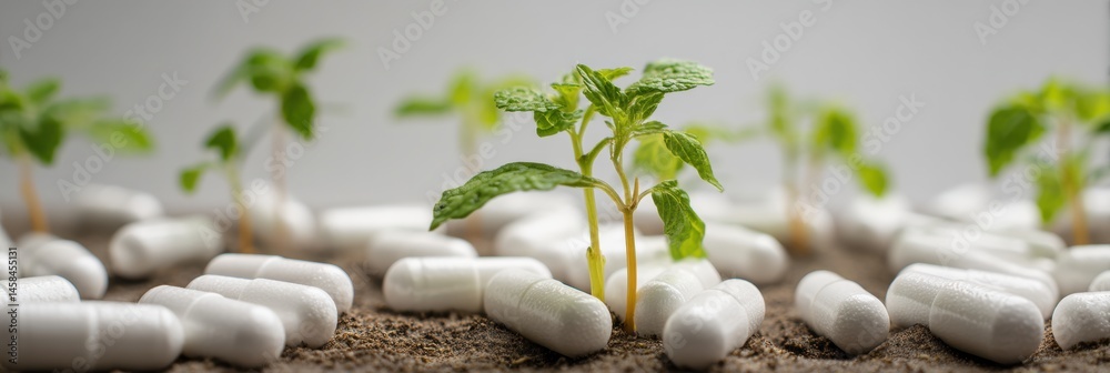 Poster pills sprouting like plants in white sterile soil symbolize the intersection of health and hope in a