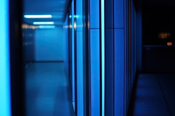 Modern server room hallway lit by blue LEDs