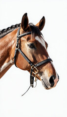 Fototapeta premium Close-up of braided brown horse with bridle, white stripe, against white background.
