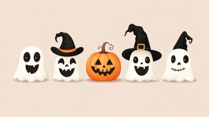 Fototapeta premium Cute cartoon halloween faces with ghosts pumpkins witch hat and pastel beige background for playful spooky clipart and themed festive illustration usage in holiday designs, 