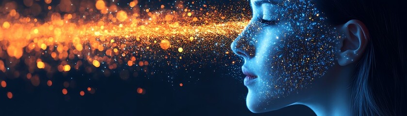 A woman's face, illuminated by radiant particles emanating from her, creates a mystical and ethereal aura