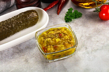Souce gherkin relish with marinated cucumbers
