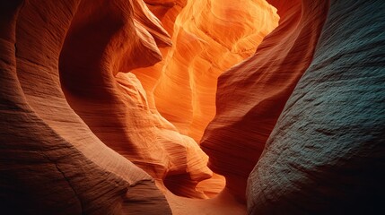 Sunlit sandstone formations and winding narrow passageways in antelope canyon, arizona, showcasing vibrant red and orange hues for a stunning desert landscape background