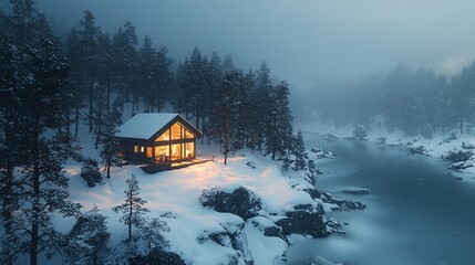 Cozy cabin in snowy forest at night