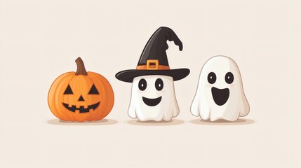 Fototapeta premium Playful Halloween illustration with cartoon ghosts pumpkins and witch hat on beige background for spooky holiday graphics 