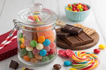 A variety of American candies and sweets (jelly bears, chocolate bars, lollipops) in a glass jar. High quality photo