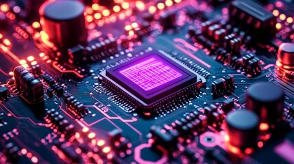 Obraz premium Close-up of microchip on circuit board with neon lighting and futuristic tech vibe.