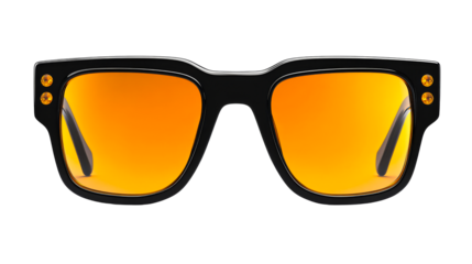 Black framed eyewear with orange lenses, cut out transparent