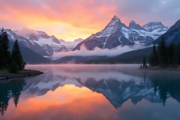 Scenic lake with mountain reflections during a vibrant sunset in a beautiful landscape