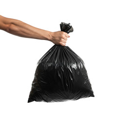 Black Garbage Bag Held Up by Hand, Isolated on Transparent Background.