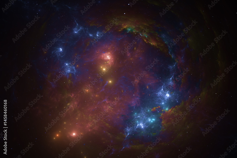 Wall mural swirling clouds of gas and dust create a vibrant nebula in vastness of space, illuminated by numerou