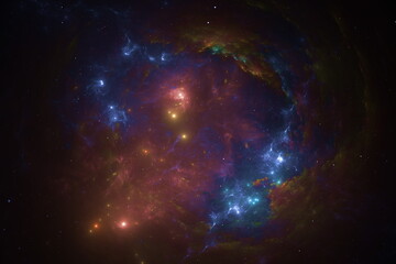 Swirling clouds of gas and dust create a vibrant nebula in vastness of space, illuminated by numerous stars. This celestial phenomenon showcases an enchanting array of colors and textures. 3d render