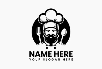 Minimalist chef holding knife and fork inside wheat-decorated circle in elegant black and white line-art logo design, symbolizing refined food service and professionalism  