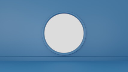 circular window framed in a minimalist blue wall offers a bright view of the outside. calm interior evokes feelings of tranquility and spaciousness during midday hours. 3d render