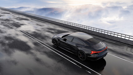 Black luxury car glides along a wet highway. Puddles reflect the clouds overhead, while the open road provides a sense of freedom and adventure in a tranquil, atmospheric setting. 3d render
