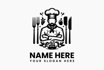 Hand-drawn chef with rustic utensils in a wheat-and-vine frame, artisanal vector logo for farm-to-table brands 