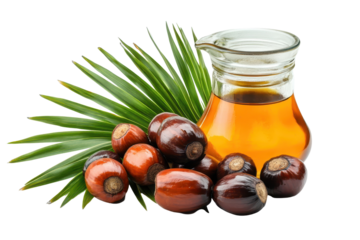 Palm oil bottle with fresh palm nuts shown in transparent PNG great for food industry materials