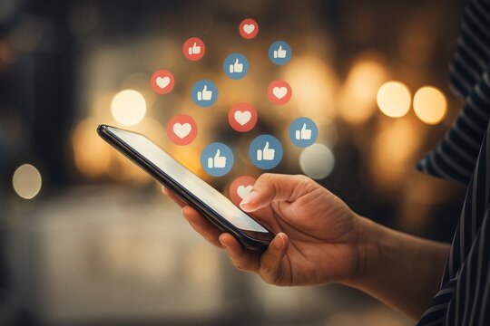 Hand Holding Smartphone with Social Media Likes and Hearts Icons Digital Technology Modern Communication Network Online Interaction Global Connection Wireless Technology Mobile App User Interface - Powered by Adobe