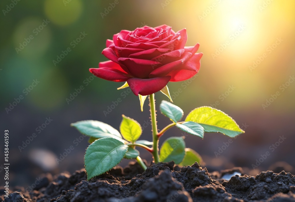 Poster a vibrant red rose emerging from dark soil illuminated by warm light symbolizing resilience