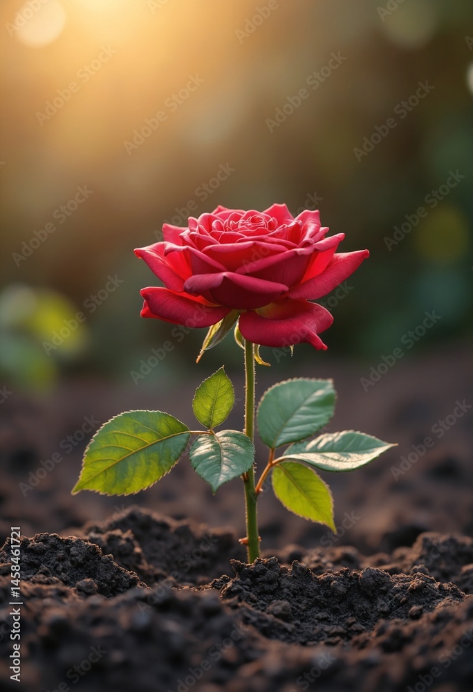 Poster a vibrant red rose emerging from dark soil illuminated by warm light symbolizing resilience
