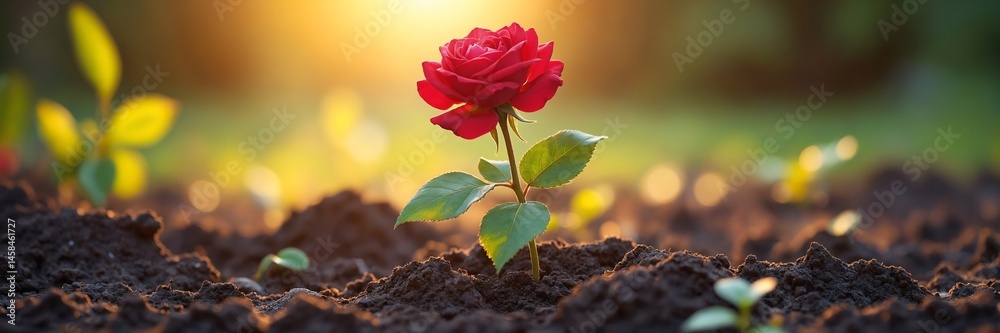Poster a vibrant red rose emerging from dark soil illuminated by warm light symbolizing resilience